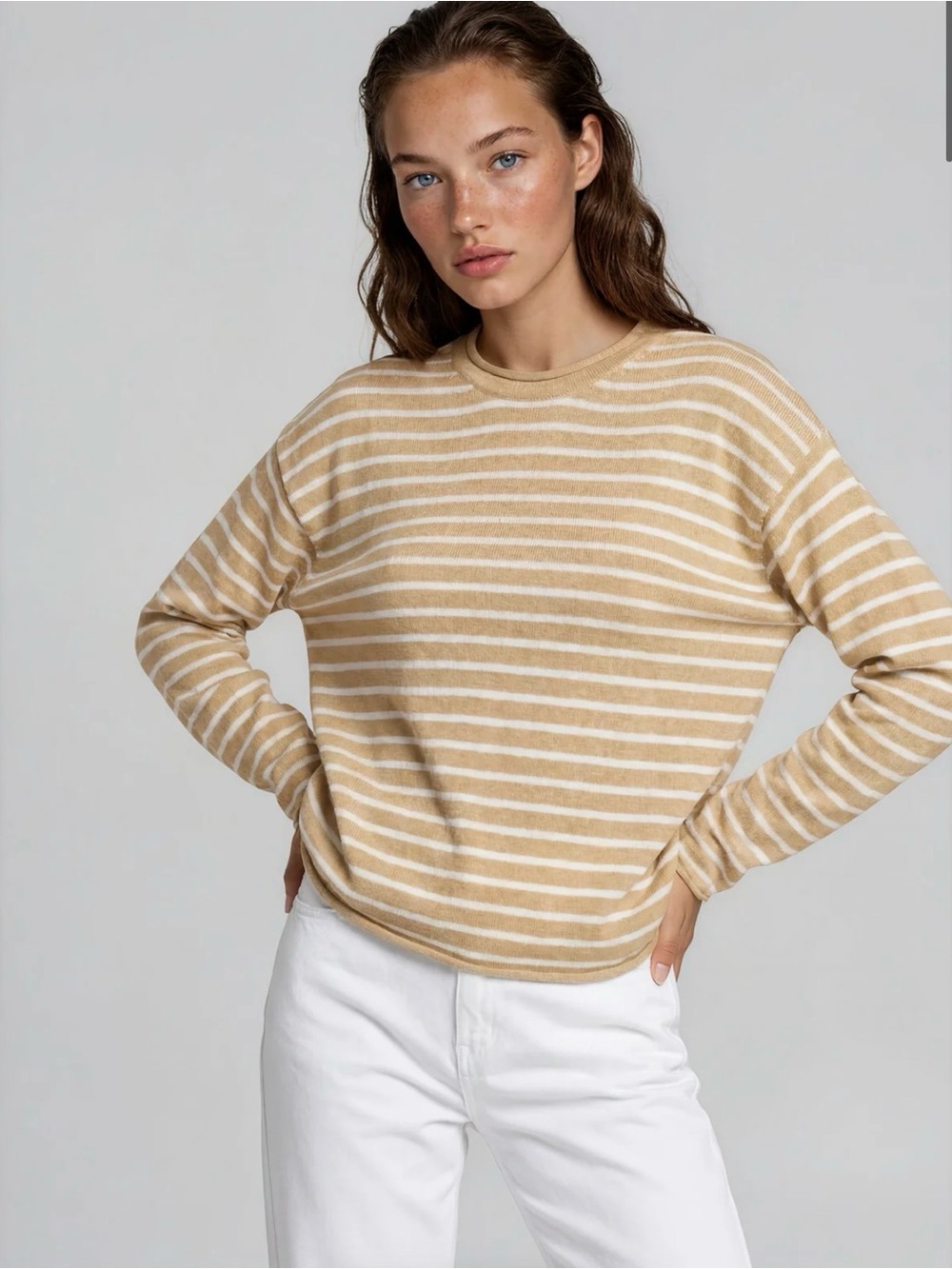 Molly Moorkamp Nina Sweater 100% Cotton Camel Tan White Sz L